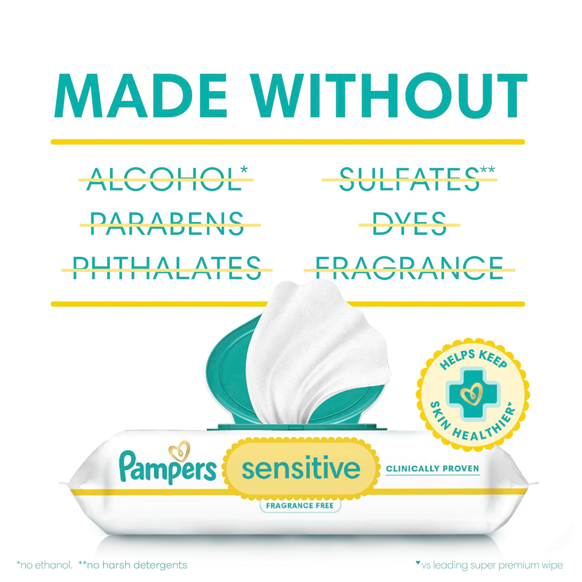 Pampers Sensitive Baby Wipes, Clinically Proven, Fragrance Free, Unscented, Water Based, Hypoallergenic, Multi-Use, Hand Wipes 504 Wipes Total (6X Flip-Top Packs) [Packaging May Vary]