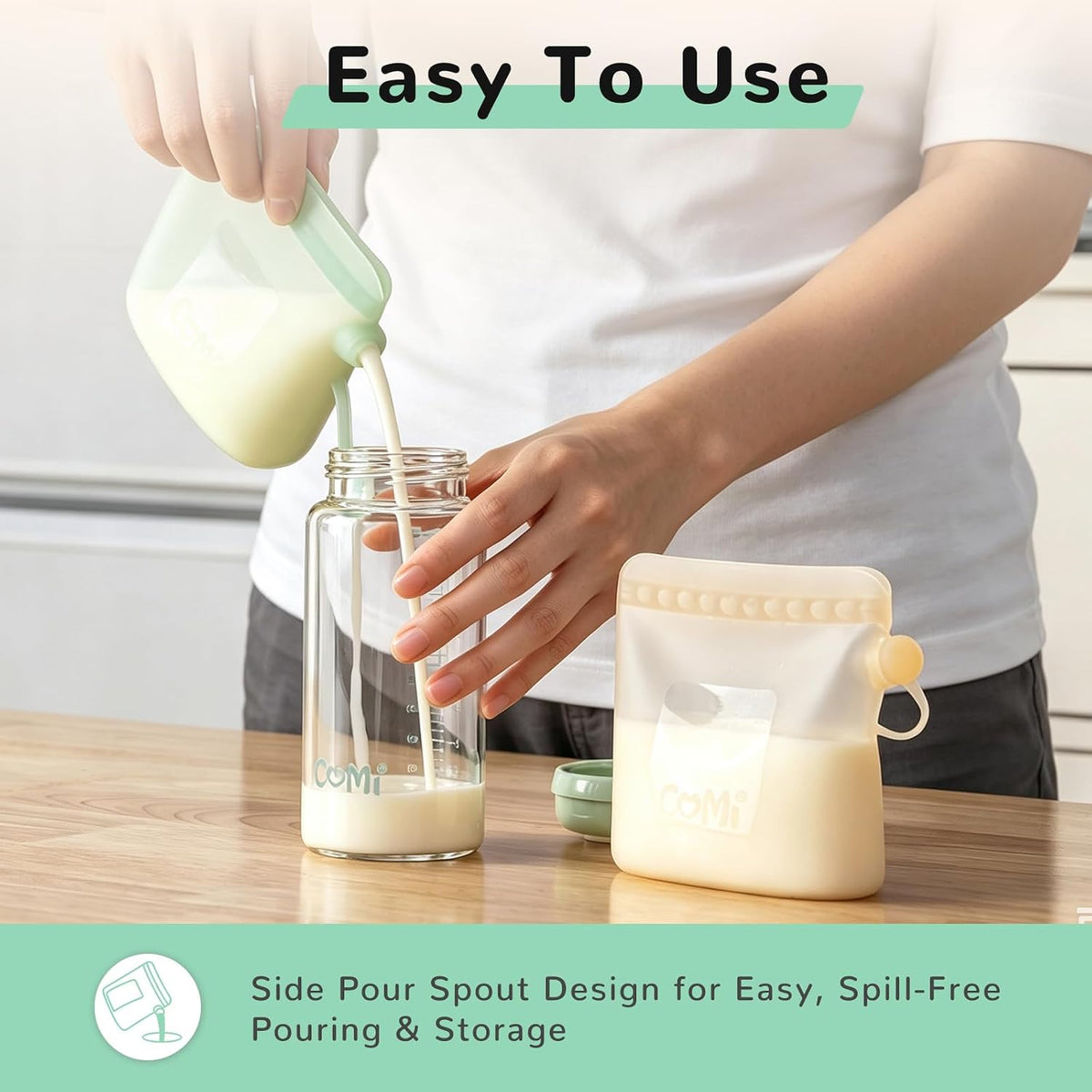 COMI Silicone Breast Milk Storage Bags Reusable, 9oz, BPA Free, 4Green