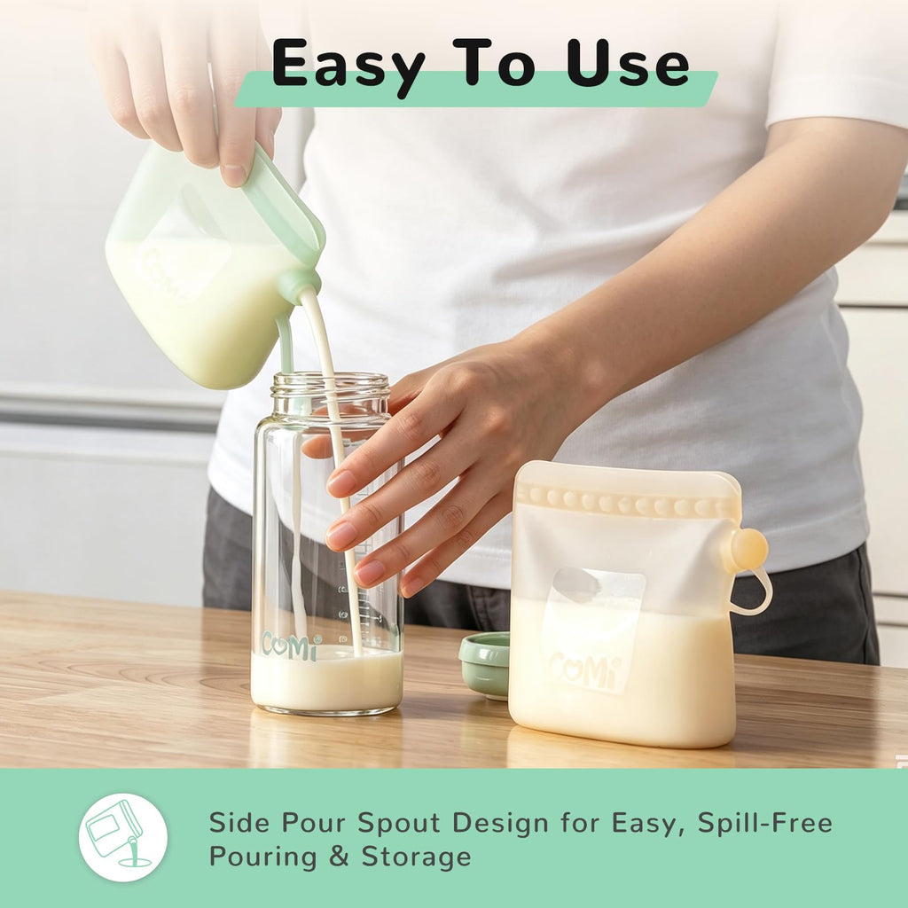 COMI Silicone Breast Milk Storage Bags Reusable, 9oz, BPA Free, 4Green