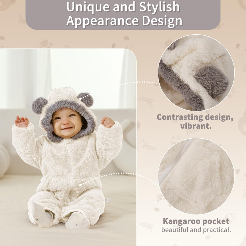 AiWMGL Newborn Baby Bear Outfit Suit With Fold-Over Mittens Footies Girls Boys Winter Fleece Clothes Hooded Romper Snowsuit