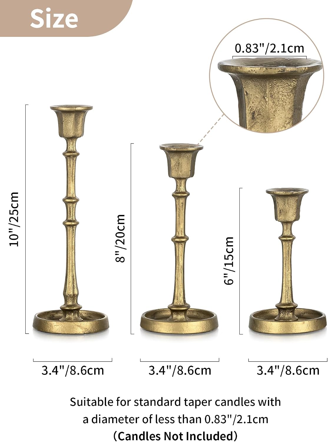 NUPTIO Cast Iron Taper Candle Holders, Set of 3 Antique Brass Candlesticks | Heavy Construction, Vintage Texture, Stable Candle Base, Fireplace Mantel, Table Decor