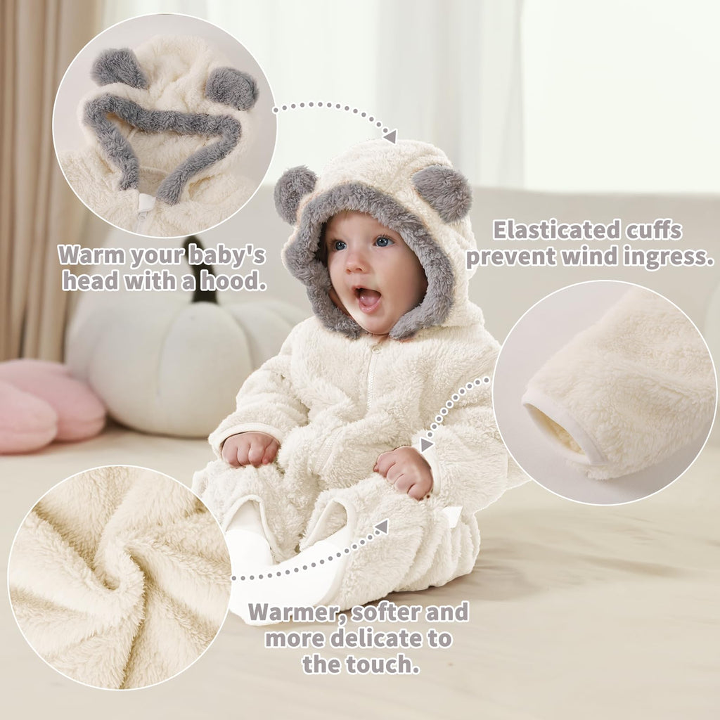 AiWMGL Newborn Baby Bear Outfit Suit With Fold-Over Mittens Footies Girls Boys Winter Fleece Clothes Hooded Romper Snowsuit
