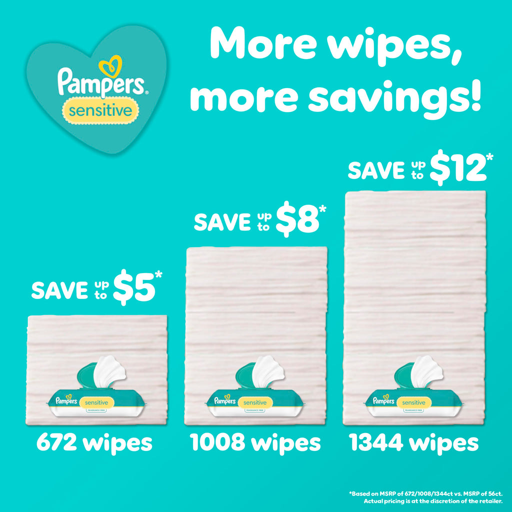Pampers Sensitive Baby Wipes, Clinically Proven, Fragrance Free, Unscented, Water Based, Hypoallergenic, Multi-Use, Hand Wipes 504 Wipes Total (6X Flip-Top Packs) [Packaging May Vary]