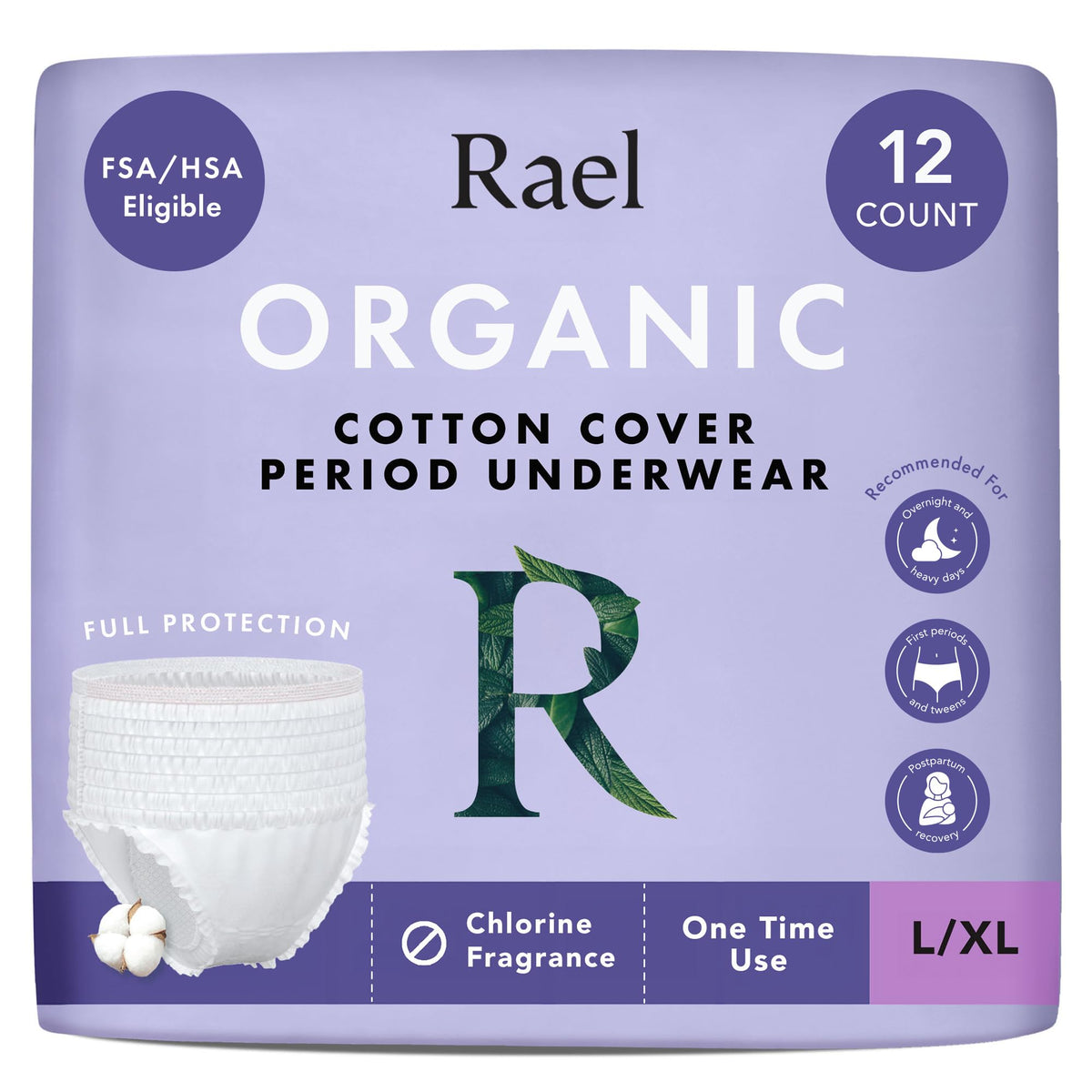 Rael Disposable Period Underwear, Organic Cotton Cover (Size S-M, 12 Ct)