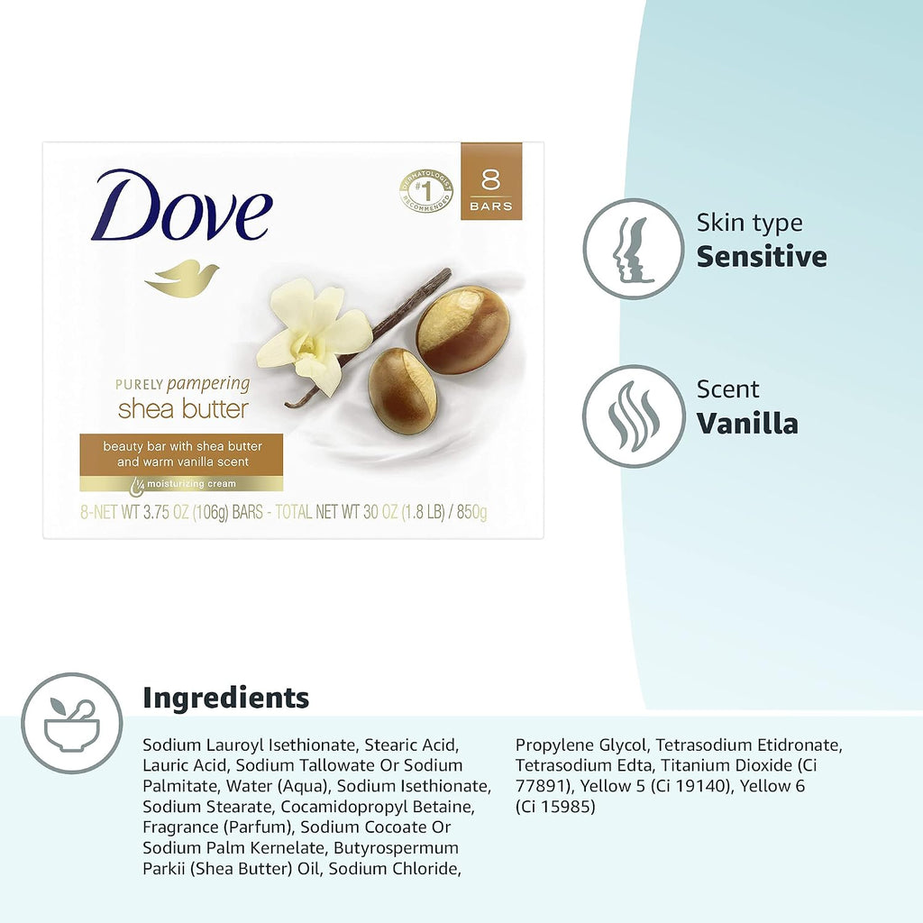 Dove Shea Butter Beauty Bar Soap 8 Count, Cleanser, 3.75 oz I beauty bar