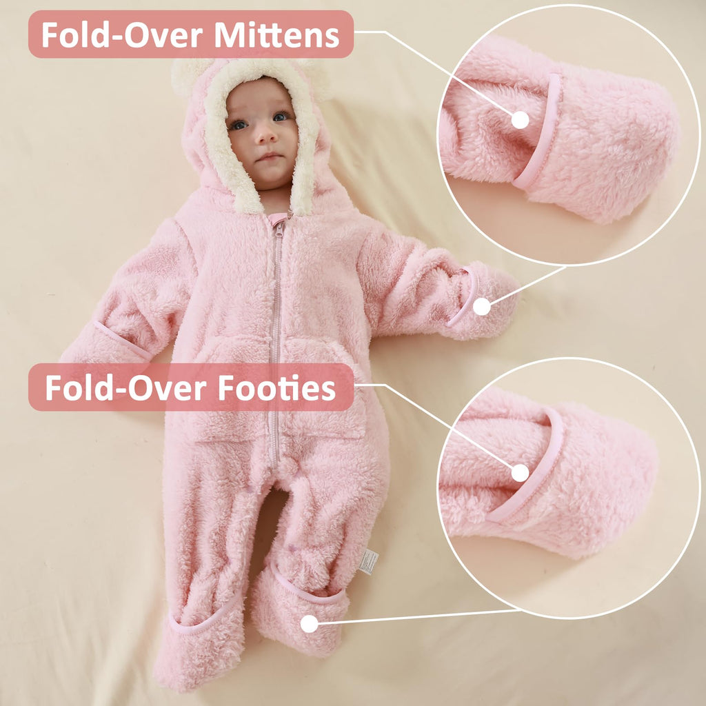 AiWMGL Newborn Baby Bear Outfit Suit With Fold-Over Mittens Footies Girls Boys Winter Fleece Clothes Hooded Romper Snowsuit