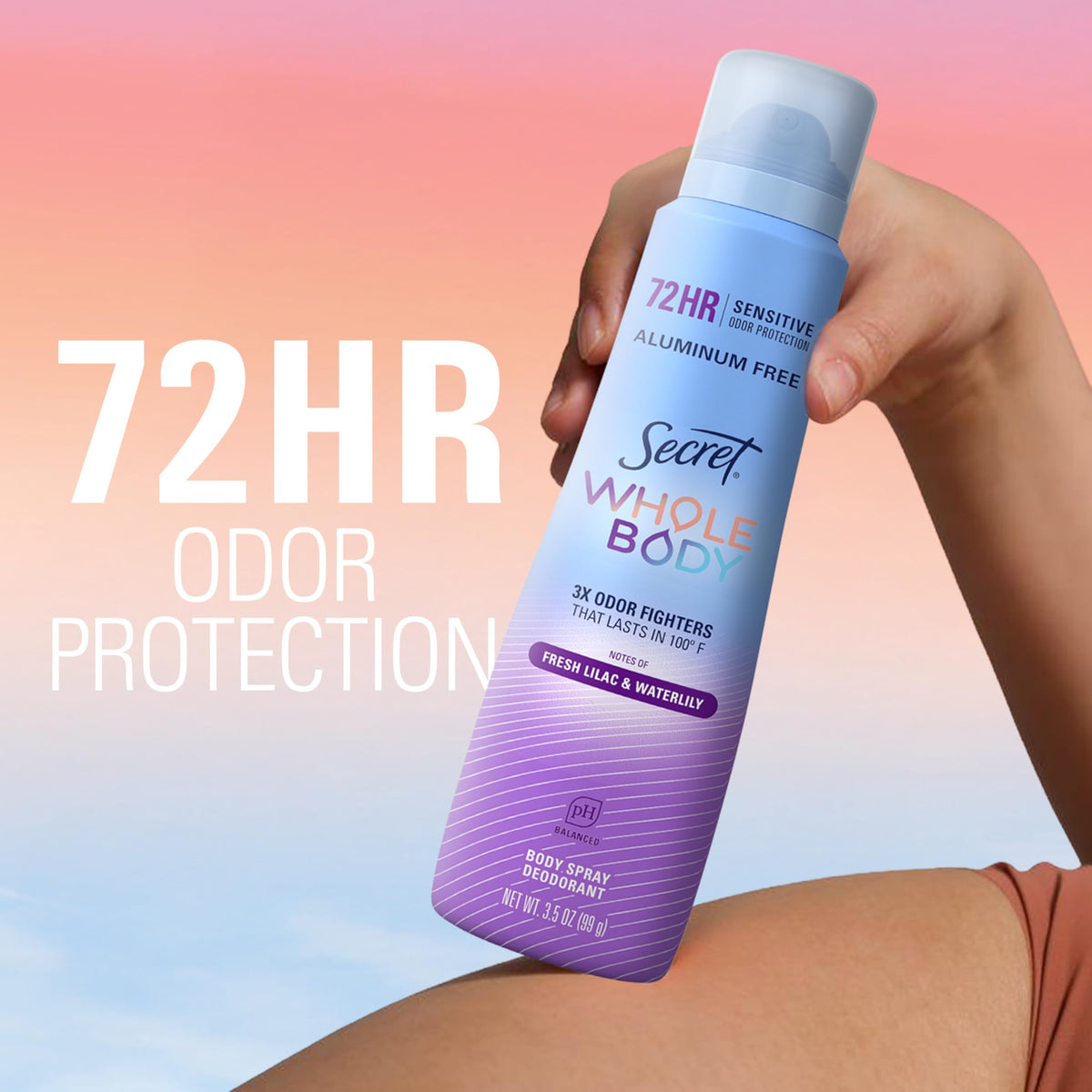Secret Aluminum Free Whole Body Deodorant Spray for Women, 72hr Sensitive Freshness & Odor Defense, PH Balanced, Invisible Protection, Safe to Use Everywhere, Peach & Vanilla Blossom Scent, 3.5 oz