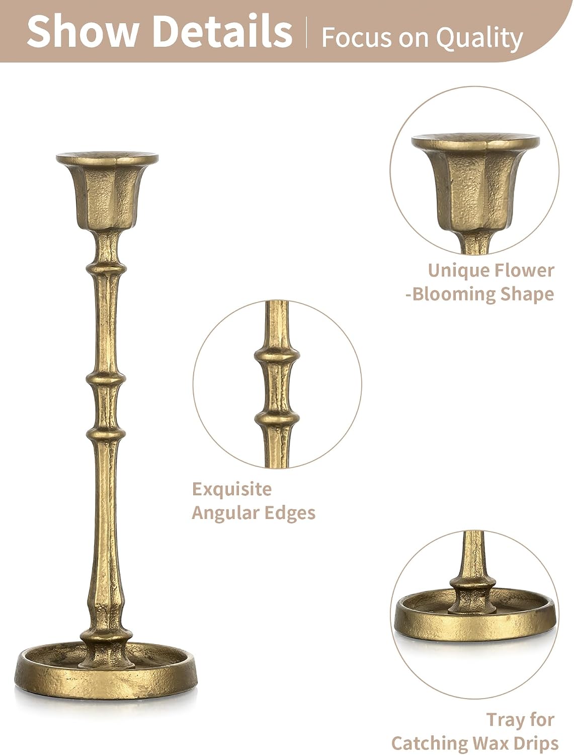 NUPTIO Cast Iron Taper Candle Holders, Set of 3 Antique Brass Candlesticks | Heavy Construction, Vintage Texture, Stable Candle Base, Fireplace Mantel, Table Decor