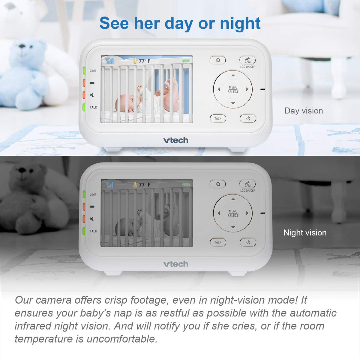 VTech Baby Monitor No WiFi – 19Hr Video Battery, 1000ft Range, Night Vision, Two-Way Talk, Temperature Sensor, Sound-Activated Screen, Lullabies | VM819