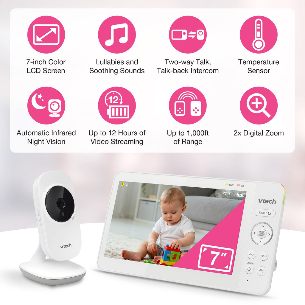 VTech Baby Monitor No WiFi – 19Hr Video Battery, 1000ft Range, Night Vision, Two-Way Talk, Temperature Sensor, Sound-Activated Screen, Lullabies | VM819