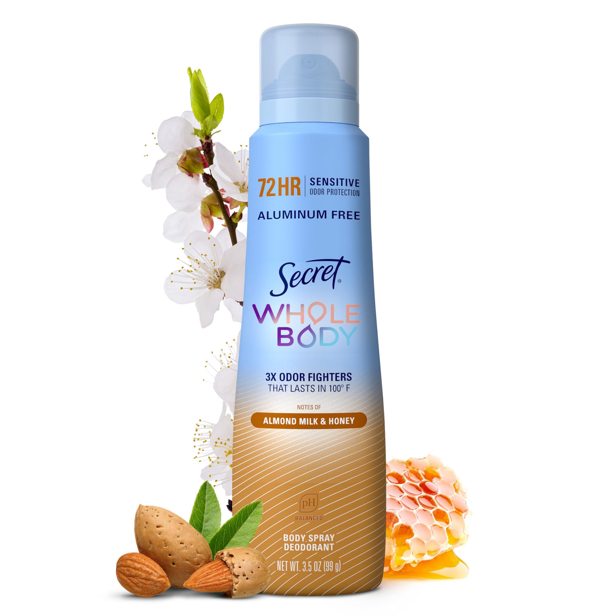 Secret Aluminum Free Whole Body Deodorant Spray for Women, 72hr Sensitive Freshness & Odor Defense, PH Balanced, Invisible Protection, Safe to Use Everywhere, Peach & Vanilla Blossom Scent, 3.5 oz