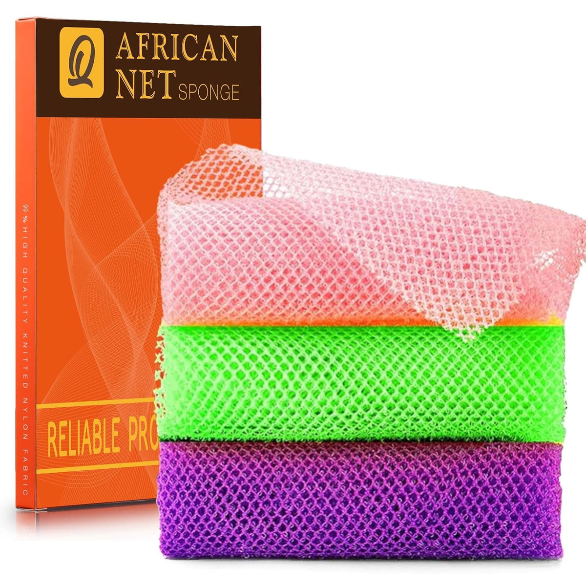 UJFQBH 3 Pack African Net Sponge, African Exfoliating Net Bath Sponge Long Net Bath Sponge Exfoliating Shower Body Scrubber Back Scrubber Skin Smoother,Great for Daily Use (Pink,Yellow,Purple)