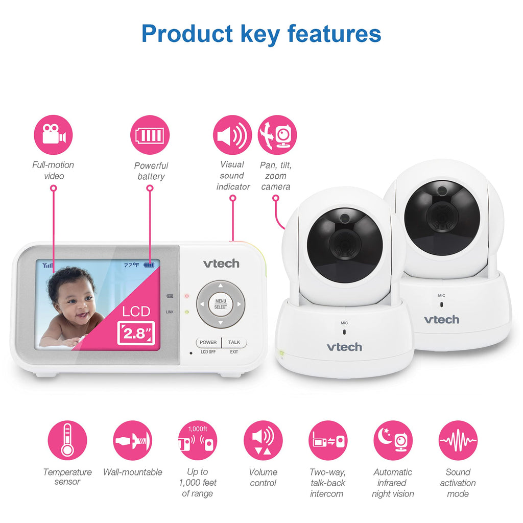 VTech Baby Monitor No WiFi – 19Hr Video Battery, 1000ft Range, Night Vision, Two-Way Talk, Temperature Sensor, Sound-Activated Screen, Lullabies | VM819