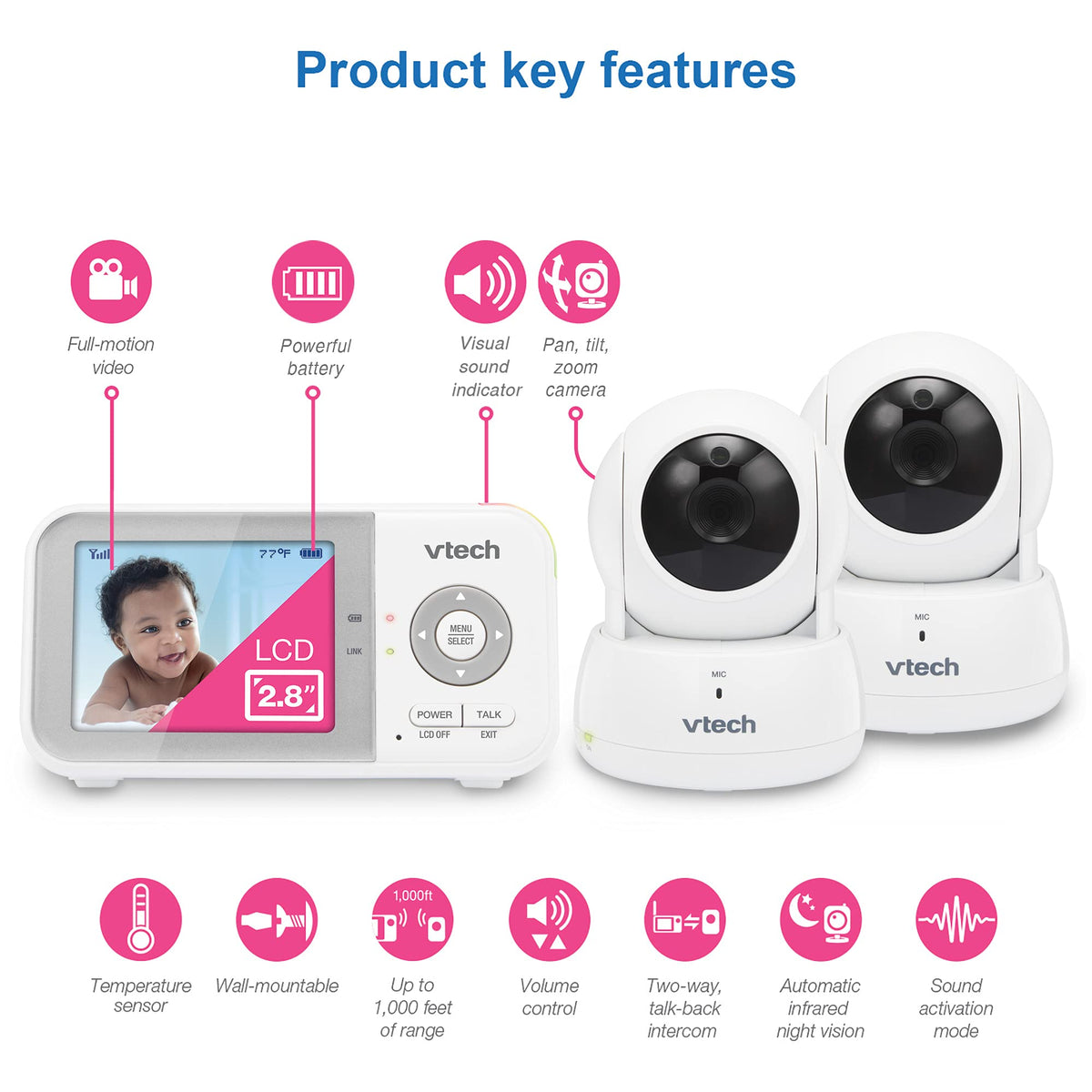 VTech Baby Monitor No WiFi – 19Hr Video Battery, 1000ft Range, Night Vision, Two-Way Talk, Temperature Sensor, Sound-Activated Screen, Lullabies | VM819