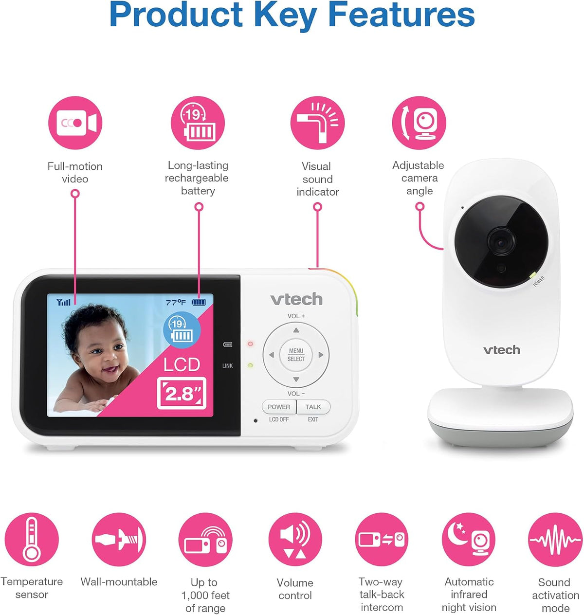 VTech Baby Monitor No WiFi – 19Hr Video Battery, 1000ft Range, Night Vision, Two-Way Talk, Temperature Sensor, Sound-Activated Screen, Lullabies | VM819