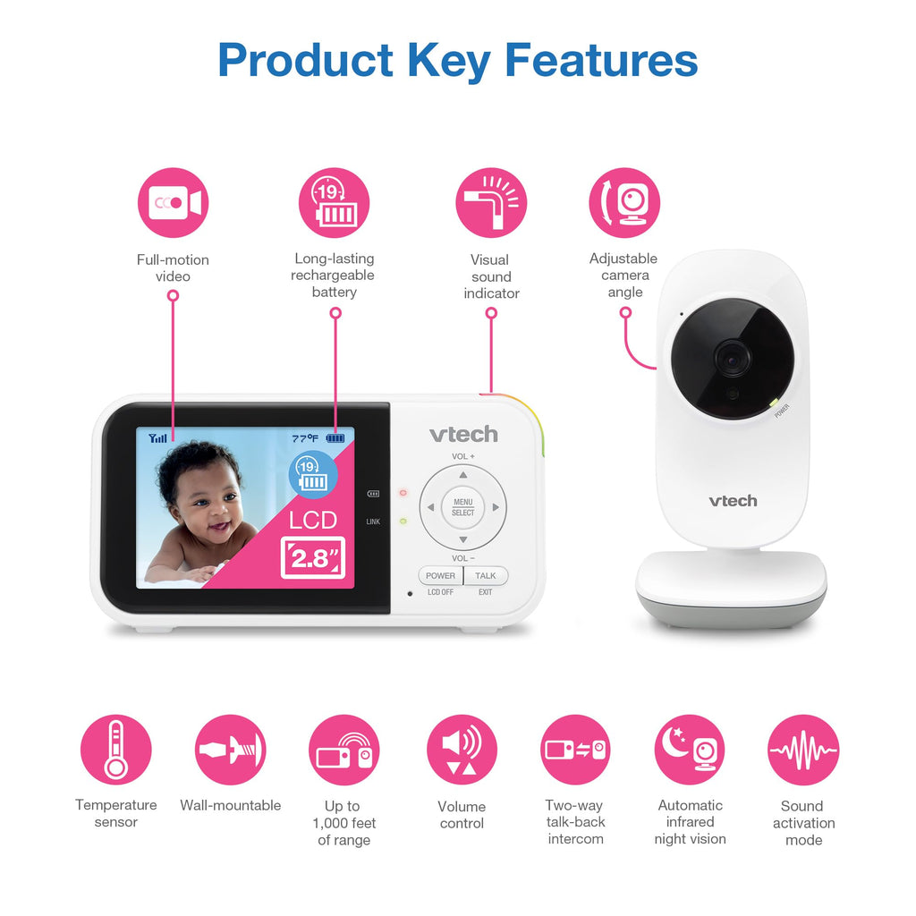 VTech Baby Monitor No WiFi – 19Hr Video Battery, 1000ft Range, Night Vision, Two-Way Talk, Temperature Sensor, Sound-Activated Screen, Lullabies | VM819