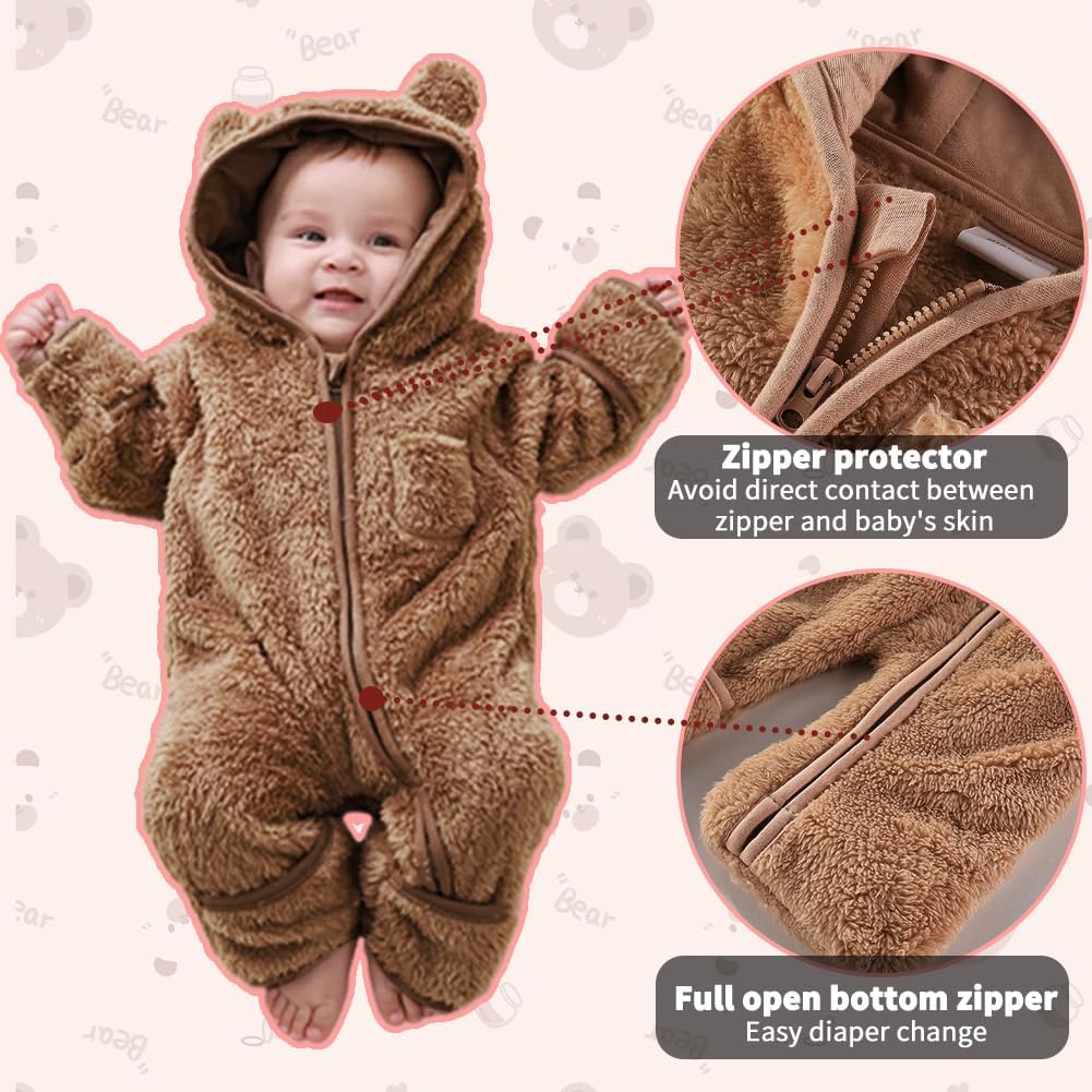 AiWMGL Newborn Baby Bear Outfit With Fold-Over Mittens and Footies Girls Boys Winter Fleece Clothes Hooded Romper Snowsuit