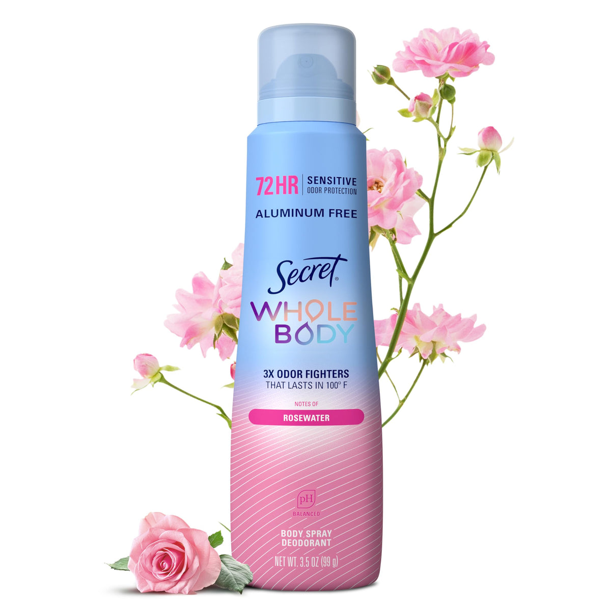 Secret Aluminum Free Whole Body Deodorant Spray for Women, 72hr Sensitive Freshness & Odor Defense, PH Balanced, Invisible Protection, Safe to Use Everywhere, Peach & Vanilla Blossom Scent, 3.5 oz