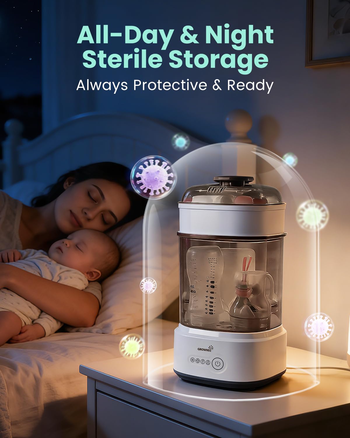 Grownsy Compact Baby Bottle Sterilizer and Dryer with Fast Sanitization