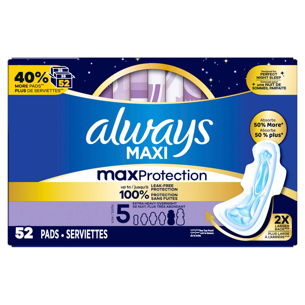 Always Maxi Overnight Pads with Wings for Women, Size 5, Extra Heavy Overnight Absorbency, Unscented, 36 Count