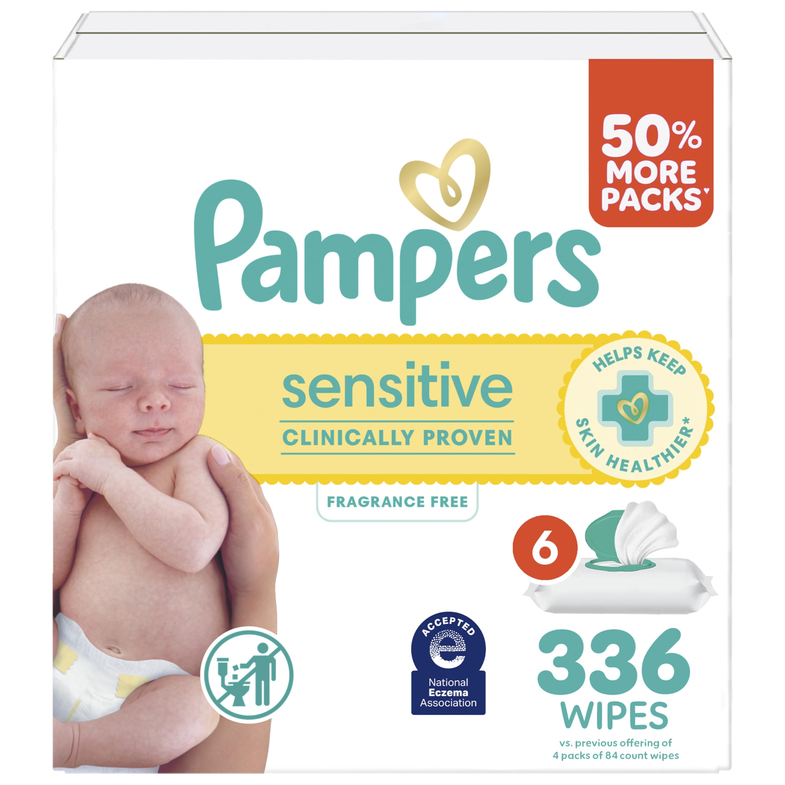 Pampers Sensitive Baby Wipes, Clinically Proven, Fragrance Free, Unscented, Water Based, Hypoallergenic, Multi-Use, Hand Wipes 504 Wipes Total (6X Flip-Top Packs) [Packaging May Vary]