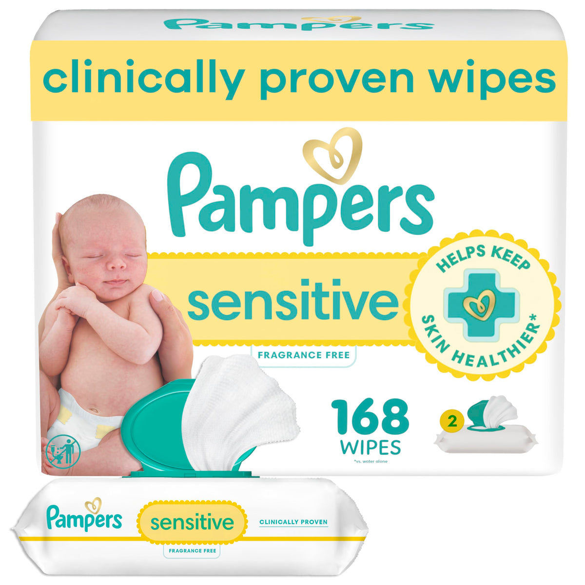 Pampers Sensitive Baby Wipes, Clinically Proven, Fragrance Free, Unscented, Water Based, Hypoallergenic, Multi-Use, Hand Wipes 504 Wipes Total (6X Flip-Top Packs) [Packaging May Vary]