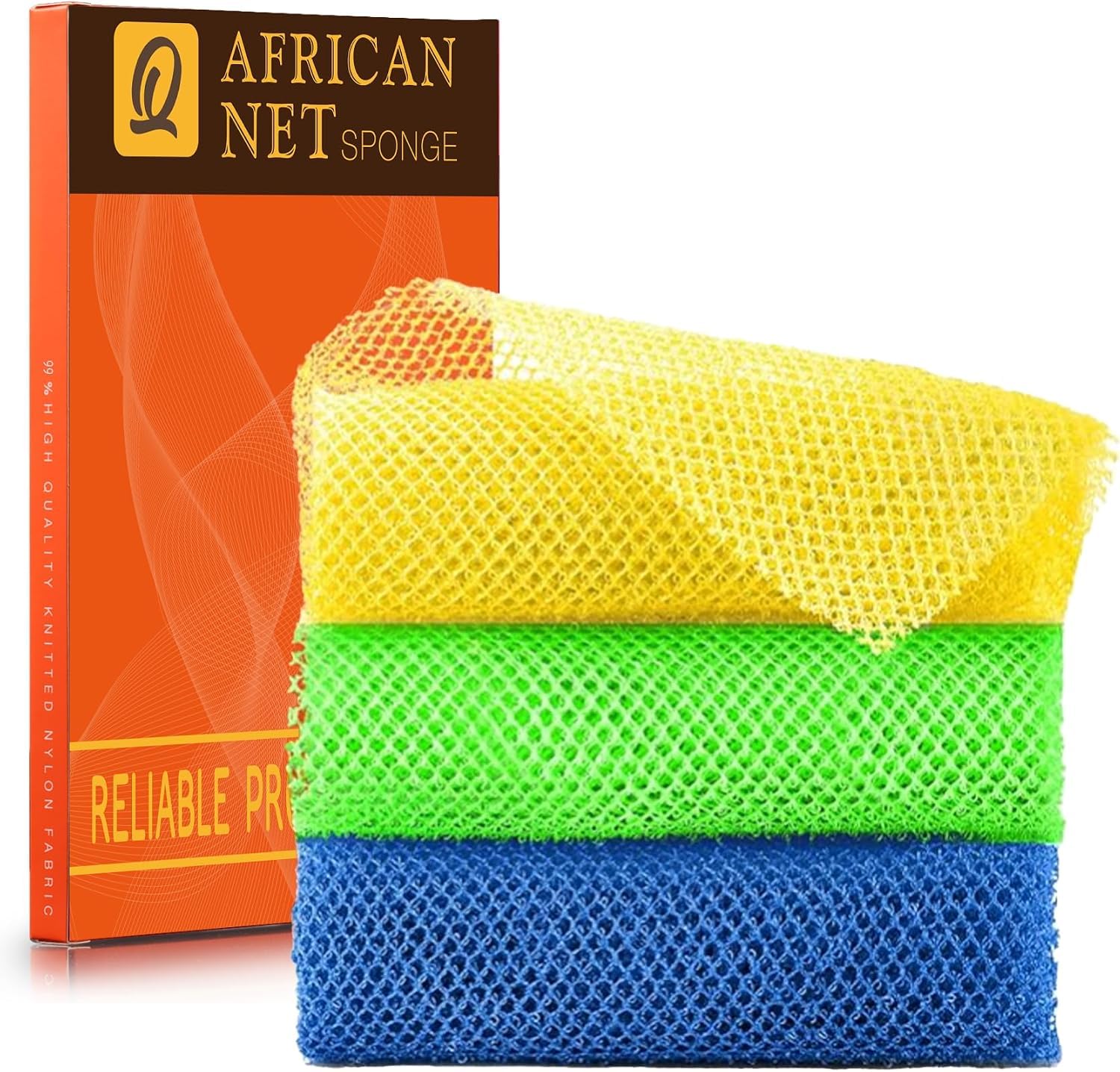 UJFQBH 3 Pack African Net Sponge, African Exfoliating Net Bath Sponge Long Net Bath Sponge Exfoliating Shower Body Scrubber Back Scrubber Skin Smoother,Great for Daily Use (Pink,Yellow,Purple)