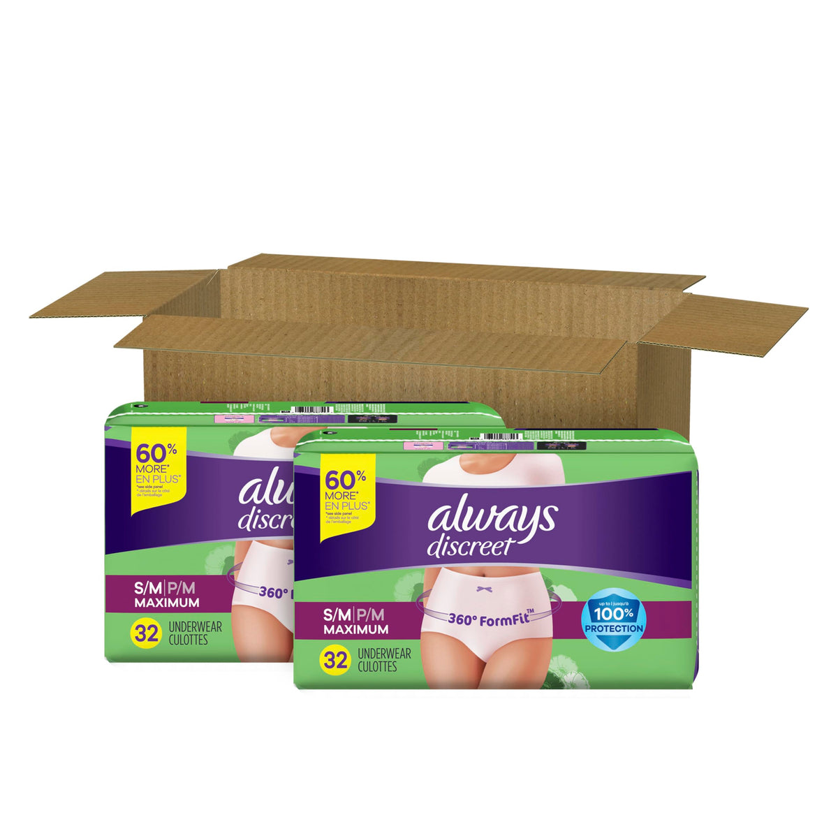 Always Discreet Adult Diapers for Women, Incontinence Underwear, Postpartum Essentials, Disposable Briefs, Max Absorbency, Bladder Leak Protection, Small/Medium, 32ct