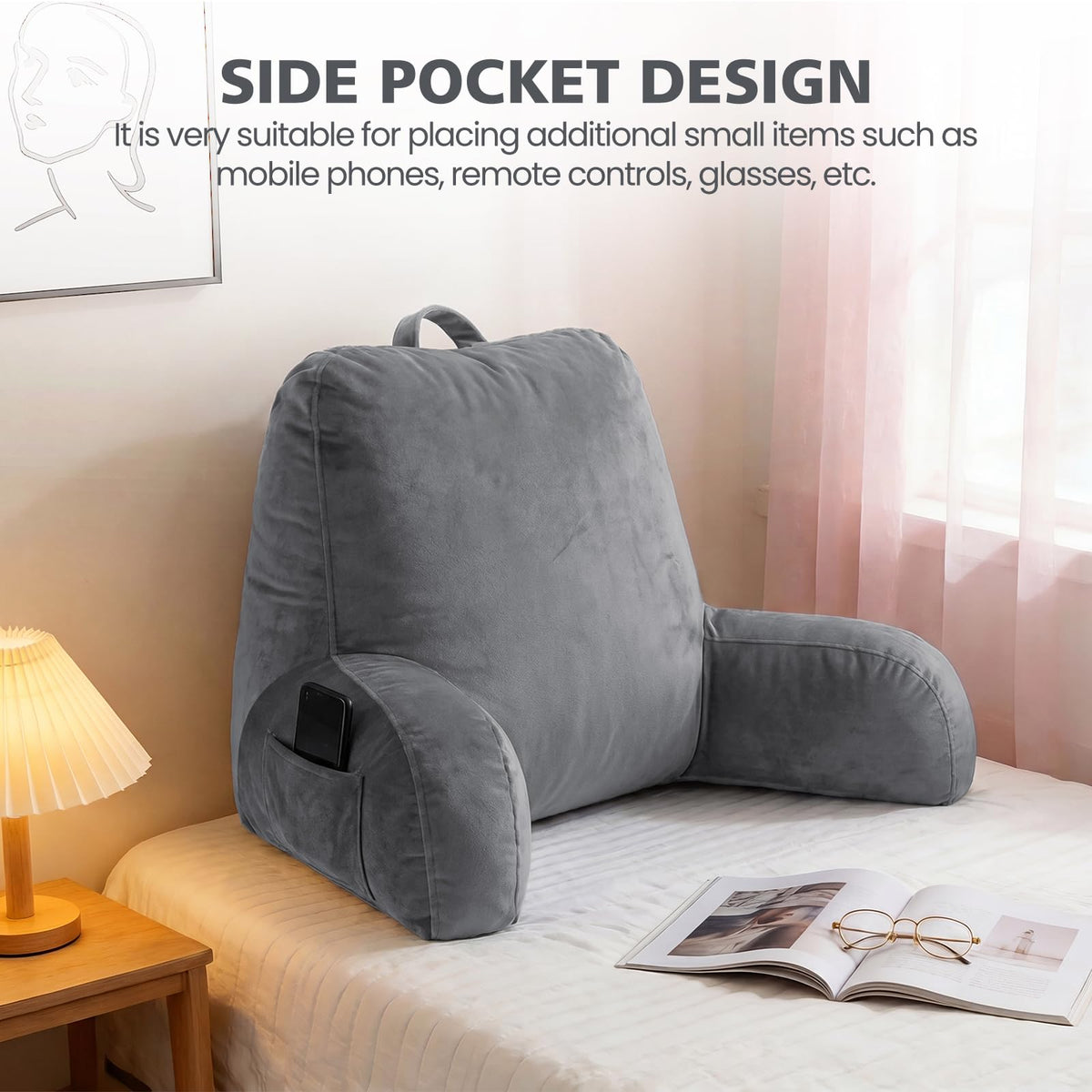 Reading Pillow with Adjustable Memory Foam,Adult Backrest with Arms, Back Pillow for Sitting in Bed with Washable Cover- Large, Gray