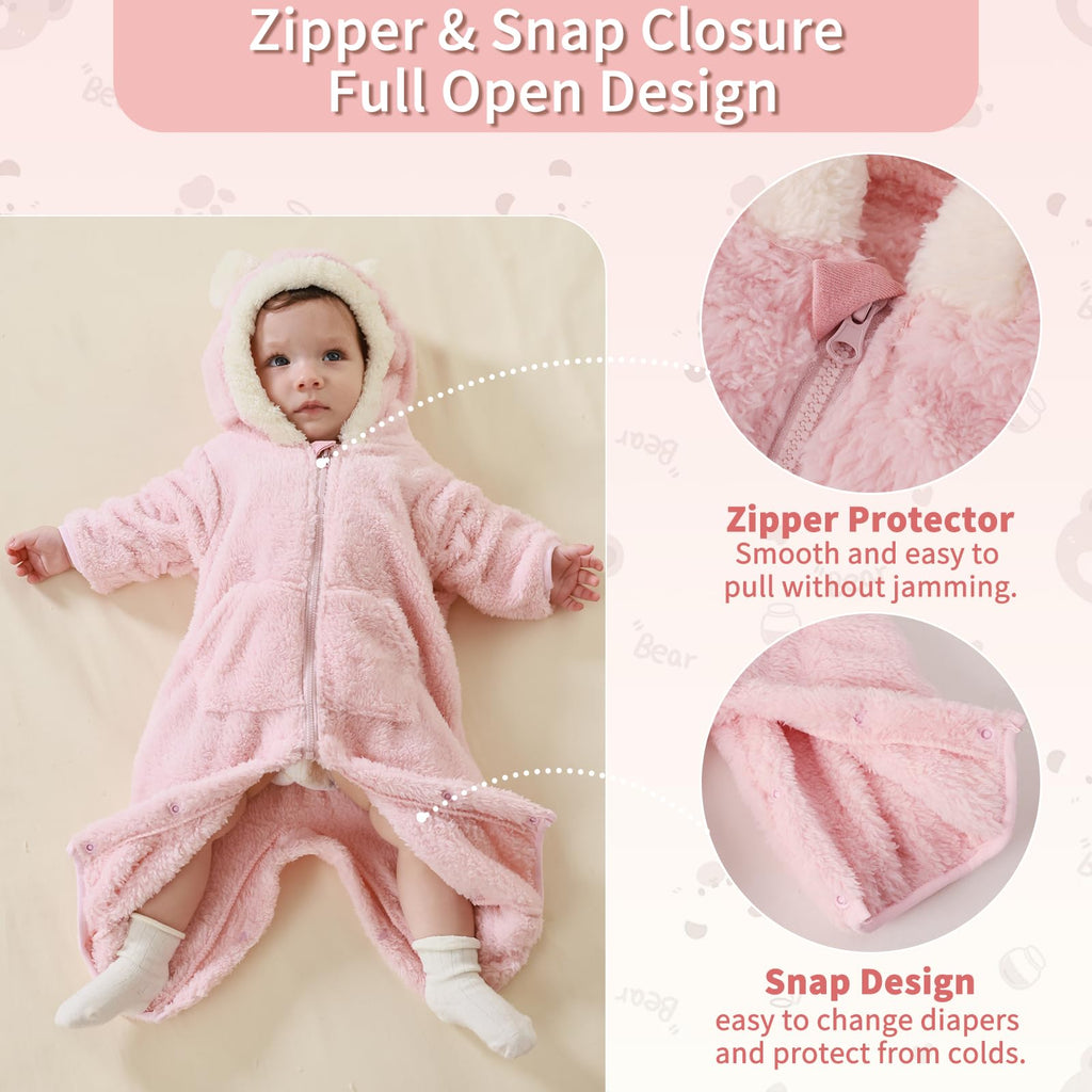 AiWMGL Newborn Baby Bear Outfit Suit With Fold-Over Mittens Footies Girls Boys Winter Fleece Clothes Hooded Romper Snowsuit
