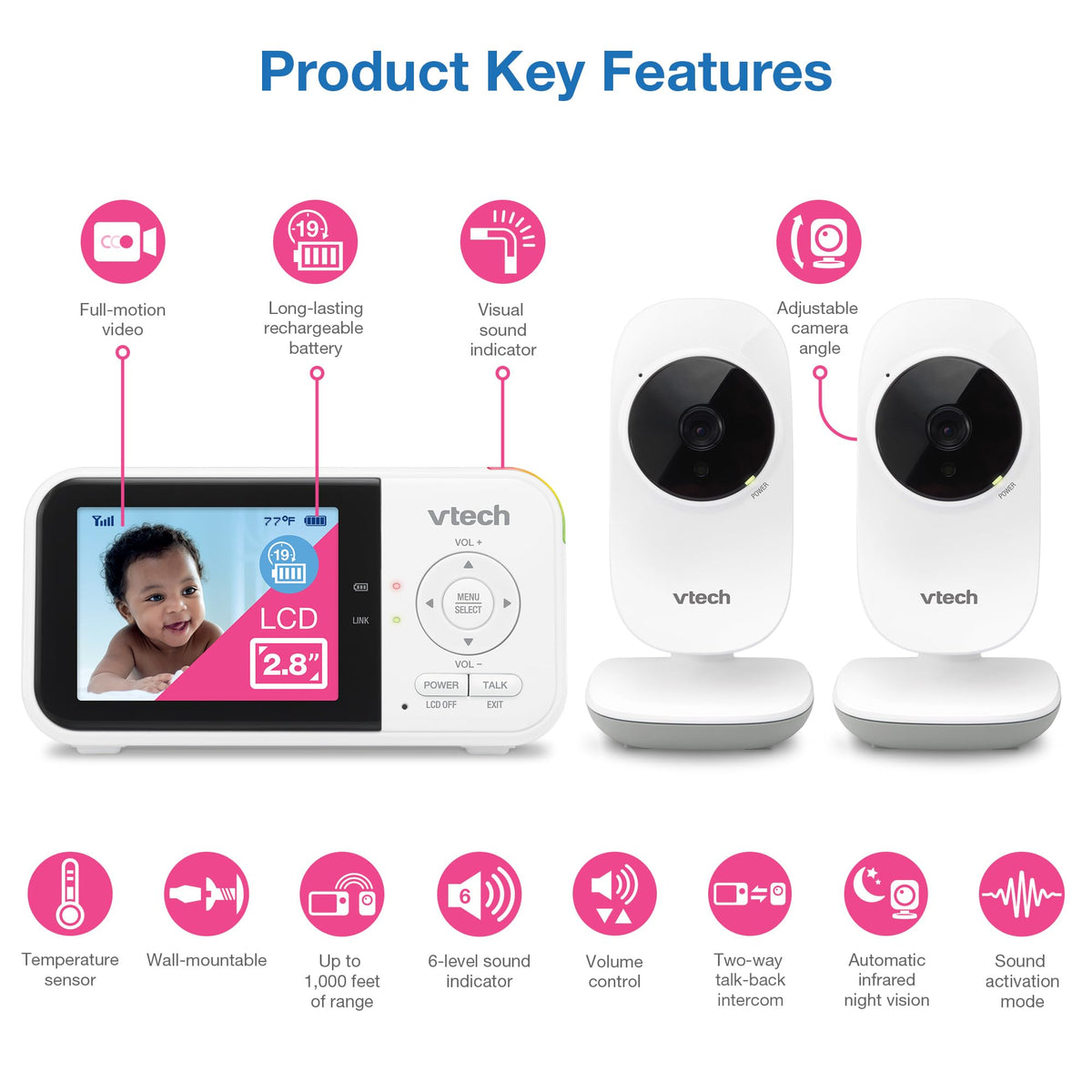 VTech Baby Monitor No WiFi – 19Hr Video Battery, 1000ft Range, Night Vision, Two-Way Talk, Temperature Sensor, Sound-Activated Screen, Lullabies | VM819
