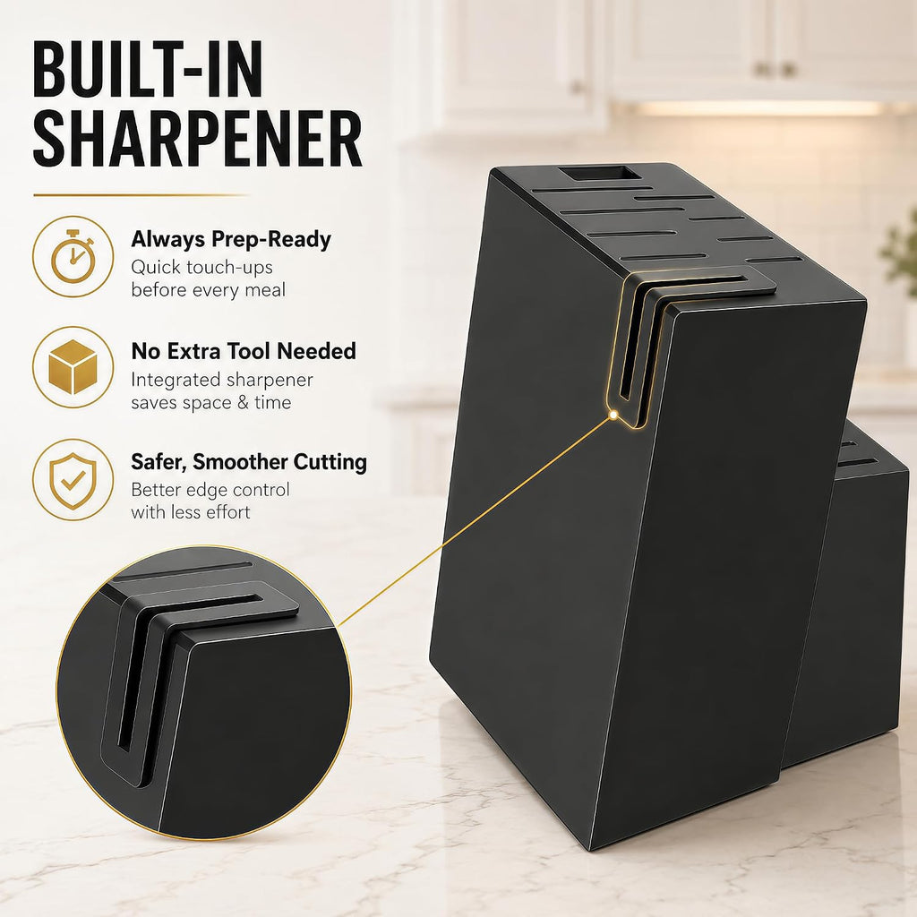14-Piece Black Kitchen Knife Block Set with Built-In Sharpener | German high-carbon stainless steel blades, dishwasher safe, ultra-sharp edges, ergonomic non-slip handles