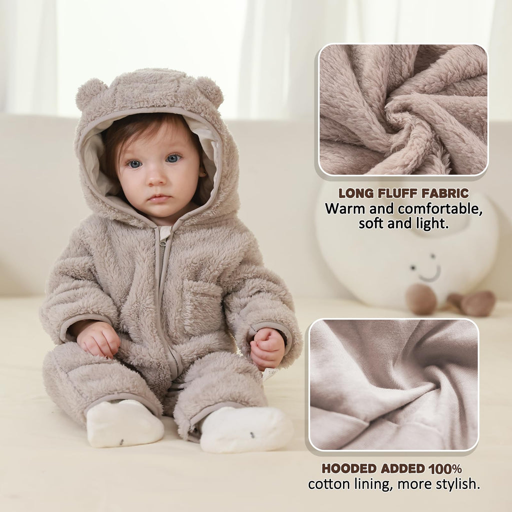 AiWMGL Newborn Baby Bear Outfit With Fold-Over Mittens and Footies Girls Boys Winter Fleece Clothes Hooded Romper Snowsuit
