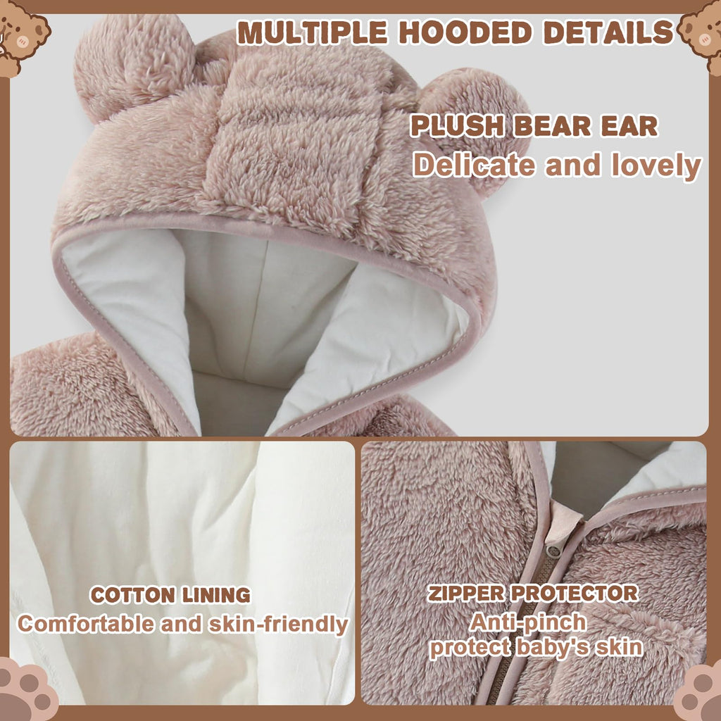 AiWMGL Newborn Baby Bear Outfit With Fold-Over Mittens and Footies Girls Boys Winter Fleece Clothes Hooded Romper Snowsuit