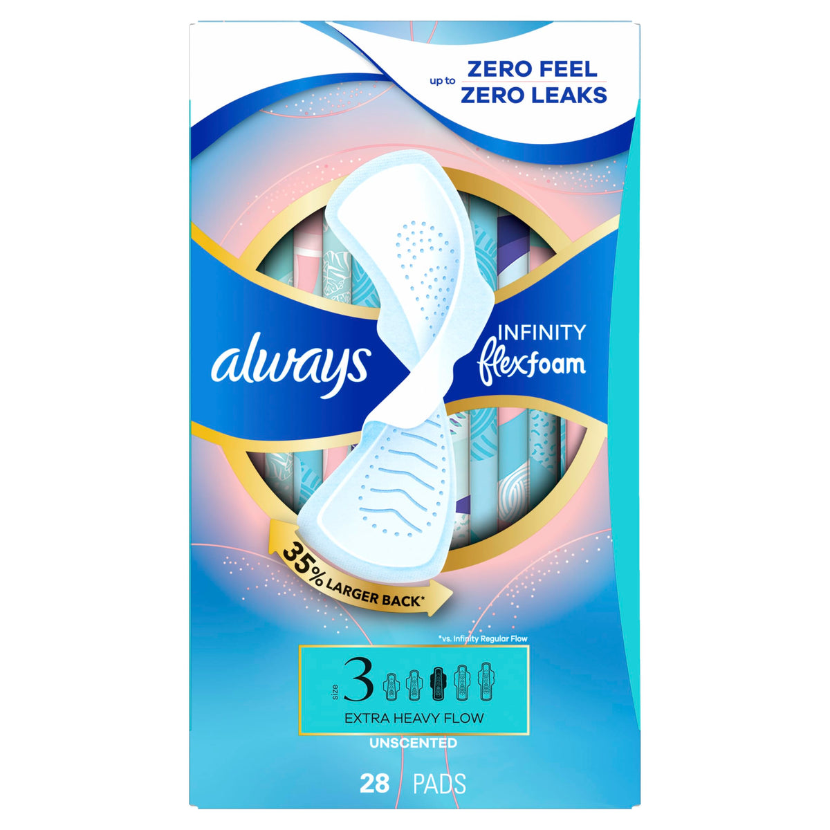 Always Infinity Feminine Pads for Women, Flexfoam Pads with Wings, Size 3, Extra Heavy Absorbency, Unscented, 84 Count (3 Packs of 28)