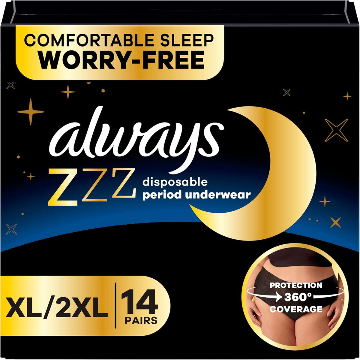 Always ZZZ Overnight Disposable Period Underwear for Women Extra Large/2LX, 360° Coverage for Worry-Free Nights, 14 Count (2 Packs of 7)