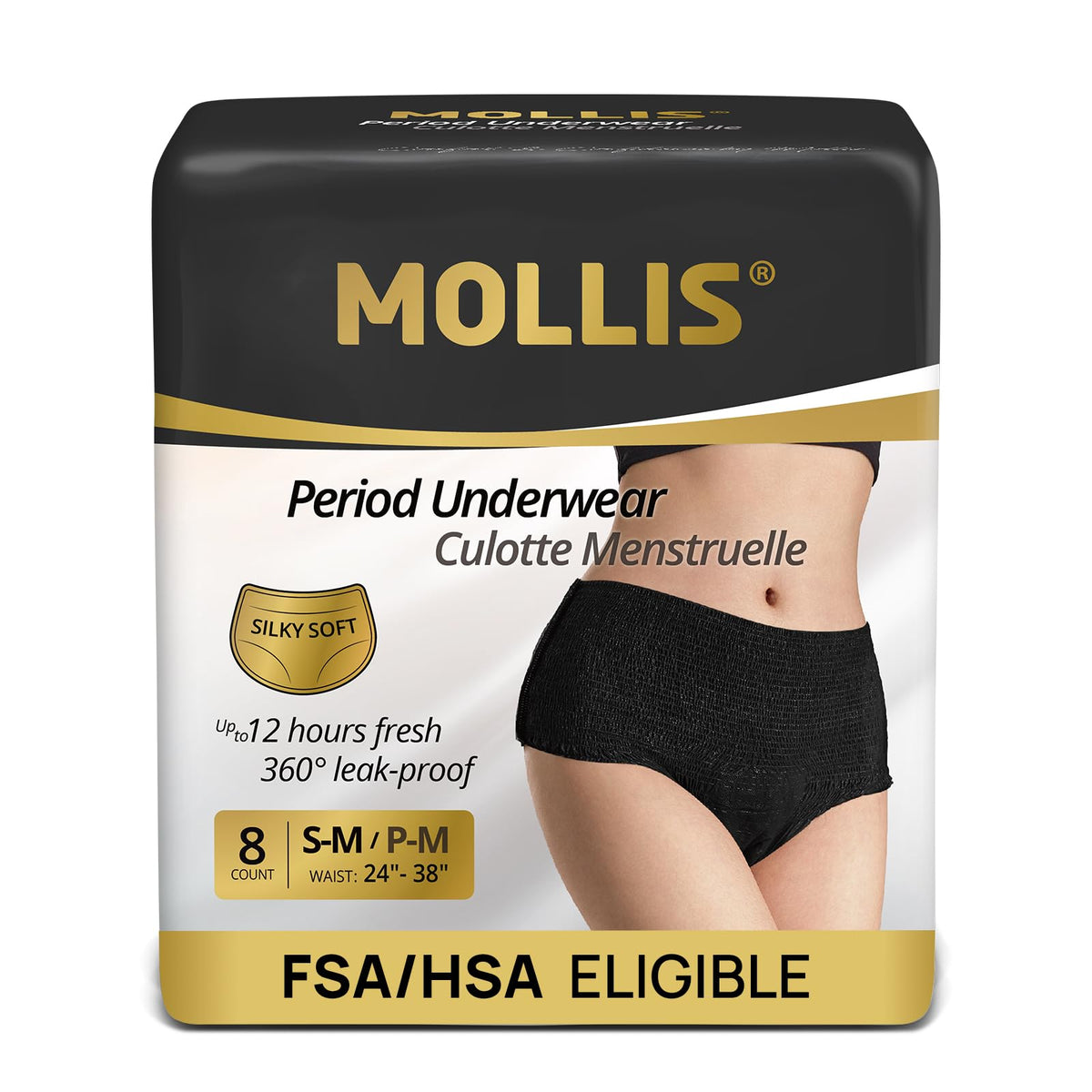 MOLLIS Disposable Period Underwear, Postpartum Panties, L/XL, Black, 8Ct