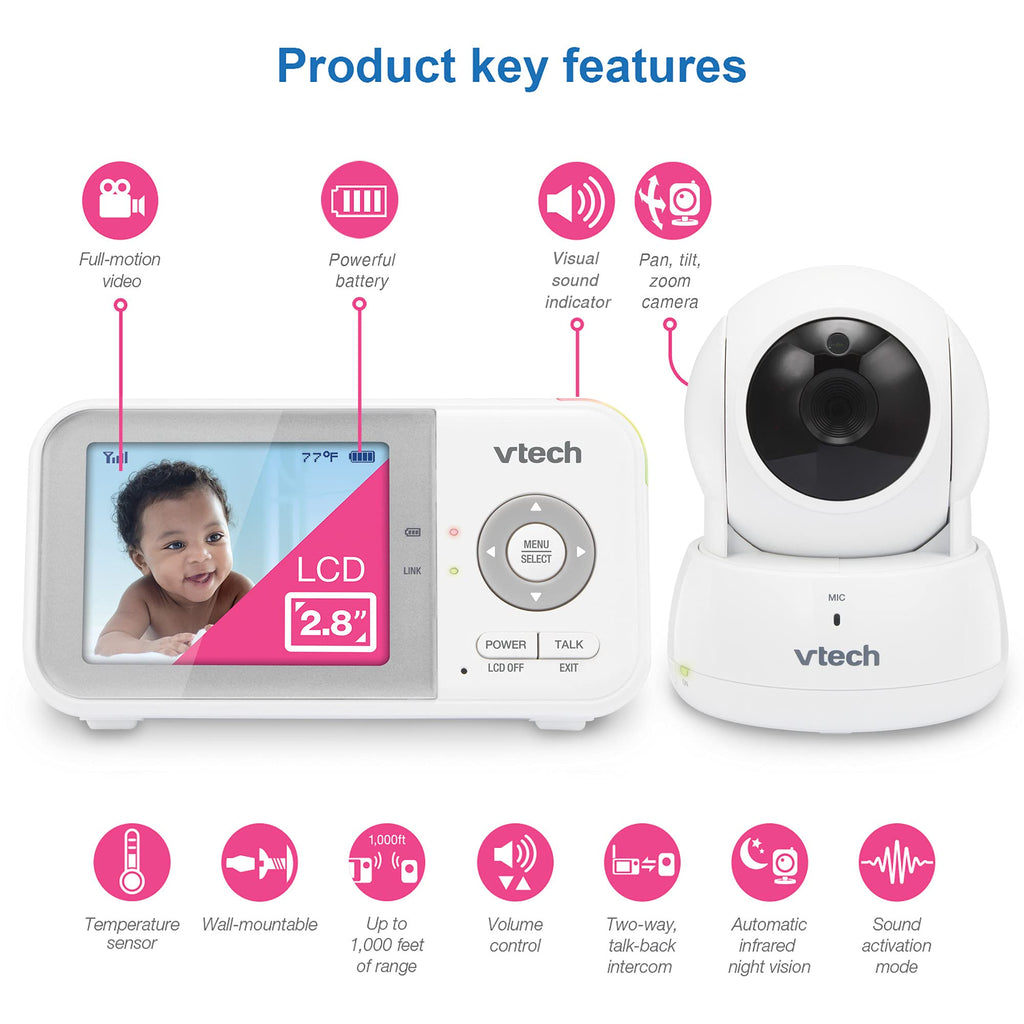 VTech Baby Monitor No WiFi – 19Hr Video Battery, 1000ft Range, Night Vision, Two-Way Talk, Temperature Sensor, Sound-Activated Screen, Lullabies | VM819