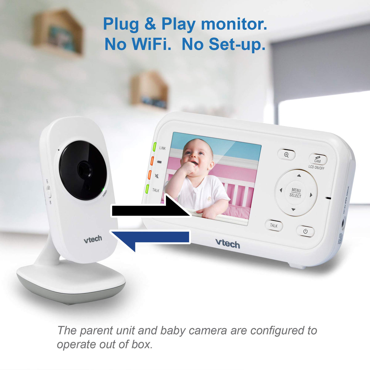 VTech Baby Monitor No WiFi – 19Hr Video Battery, 1000ft Range, Night Vision, Two-Way Talk, Temperature Sensor, Sound-Activated Screen, Lullabies | VM819