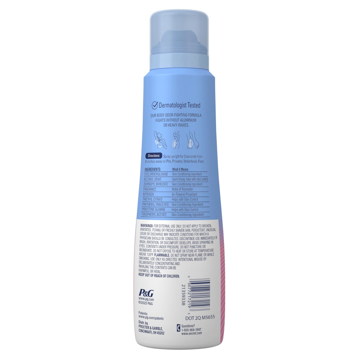 Secret Aluminum Free Whole Body Deodorant Spray for Women, 72hr Sensitive Freshness & Odor Defense, PH Balanced, Invisible Protection, Safe to Use Everywhere, Peach & Vanilla Blossom Scent, 3.5 oz