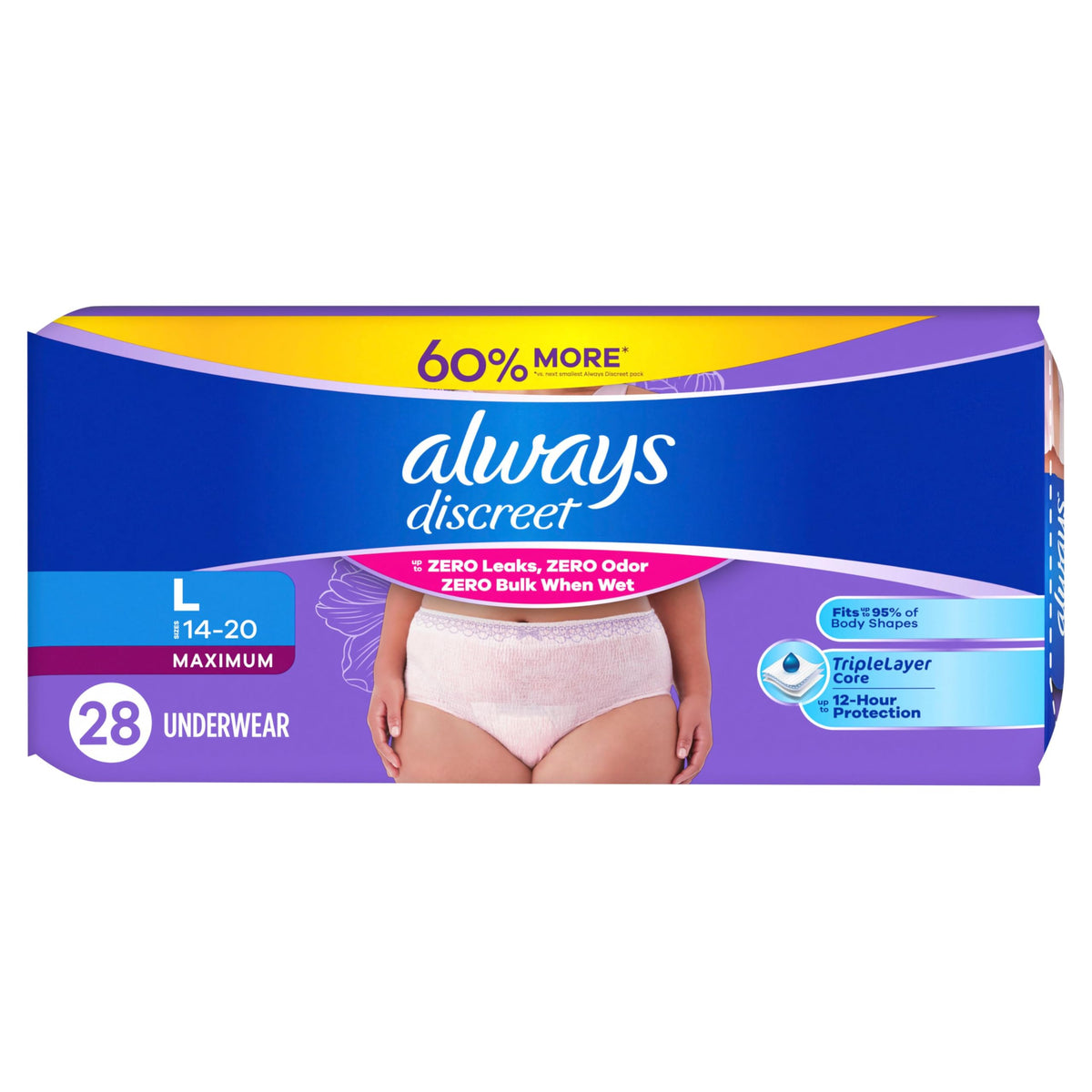 Always Discreet Adult Diapers for Women, Incontinence Underwear, Postpartum Essentials, Disposable Briefs, Max Absorbency, Bladder Leak Protection, Small/Medium, 32ct