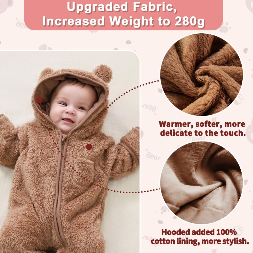 AiWMGL Newborn Baby Bear Outfit With Fold-Over Mittens and Footies Girls Boys Winter Fleece Clothes Hooded Romper Snowsuit