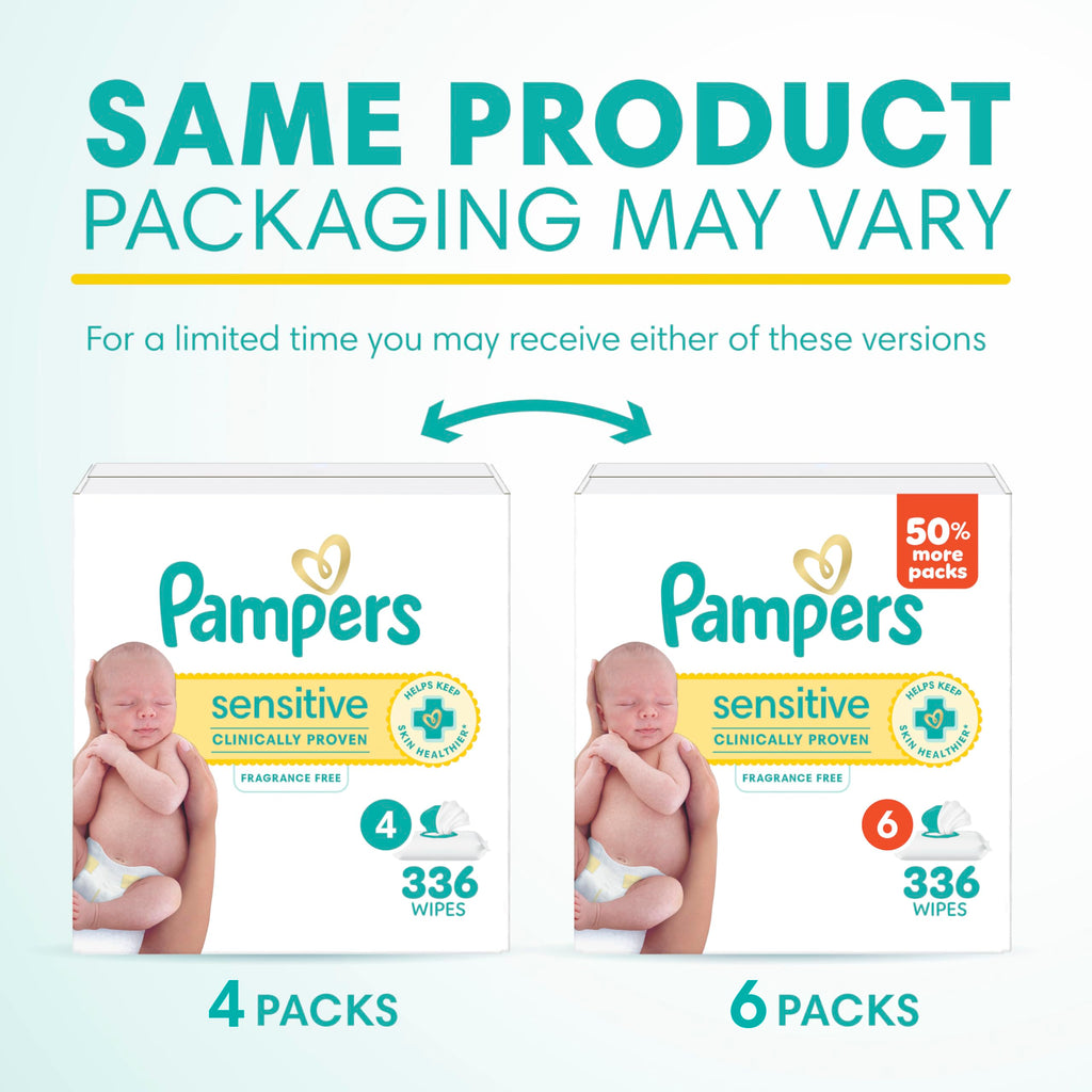 Pampers Sensitive Baby Wipes, Clinically Proven, Fragrance Free, Unscented, Water Based, Hypoallergenic, Multi-Use, Hand Wipes 504 Wipes Total (6X Flip-Top Packs) [Packaging May Vary]