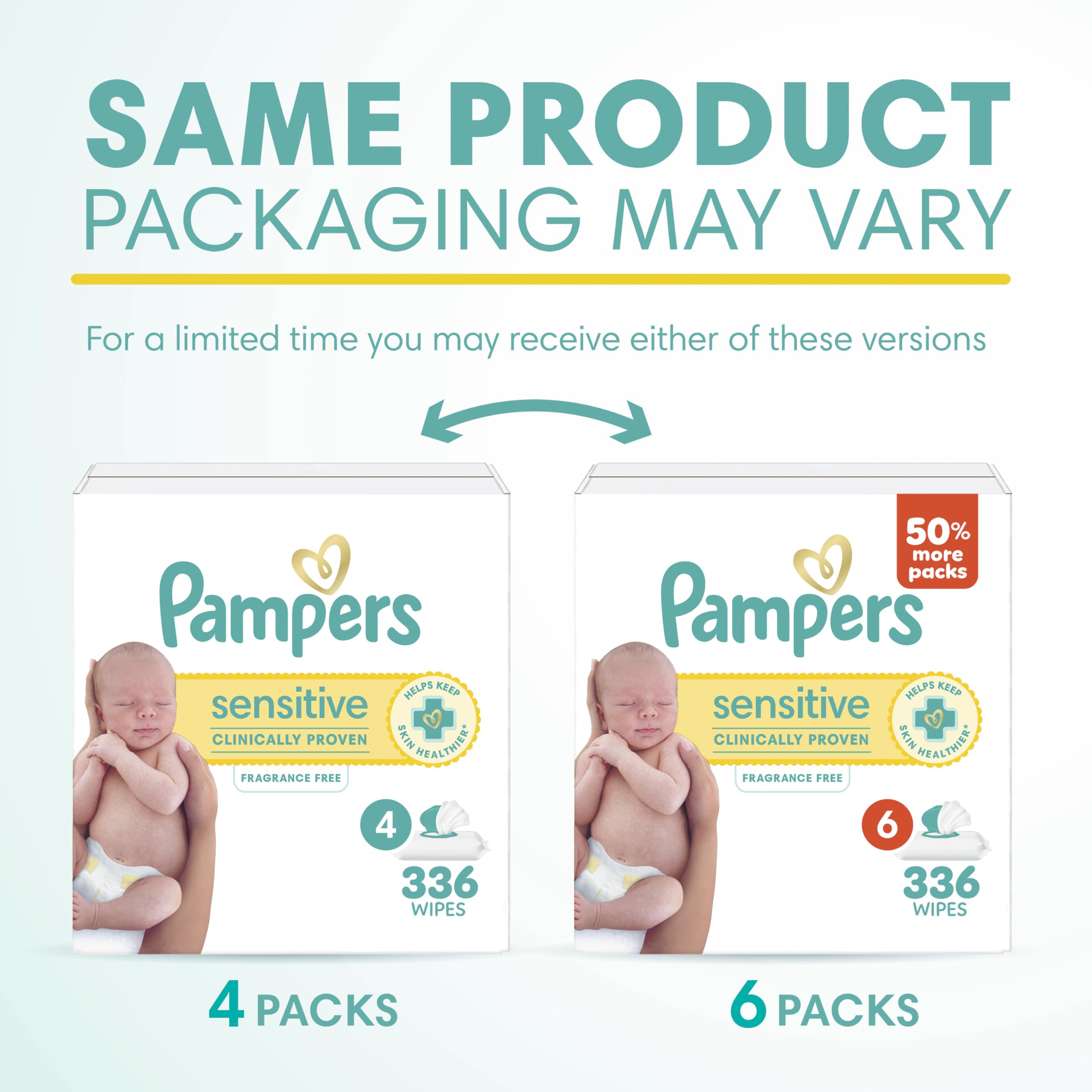 Pampers Sensitive Baby Wipes, Clinically Proven, Fragrance Free, Unscented, Water Based, Hypoallergenic, Multi-Use, Hand Wipes 504 Wipes Total (6X Flip-Top Packs) [Packaging May Vary]