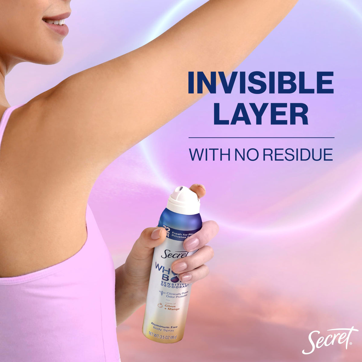 Secret Aluminum Free Whole Body Deodorant Spray for Women, 72hr Sensitive Freshness & Odor Defense, PH Balanced, Invisible Protection, Safe to Use Everywhere, Peach & Vanilla Blossom Scent, 3.5 oz