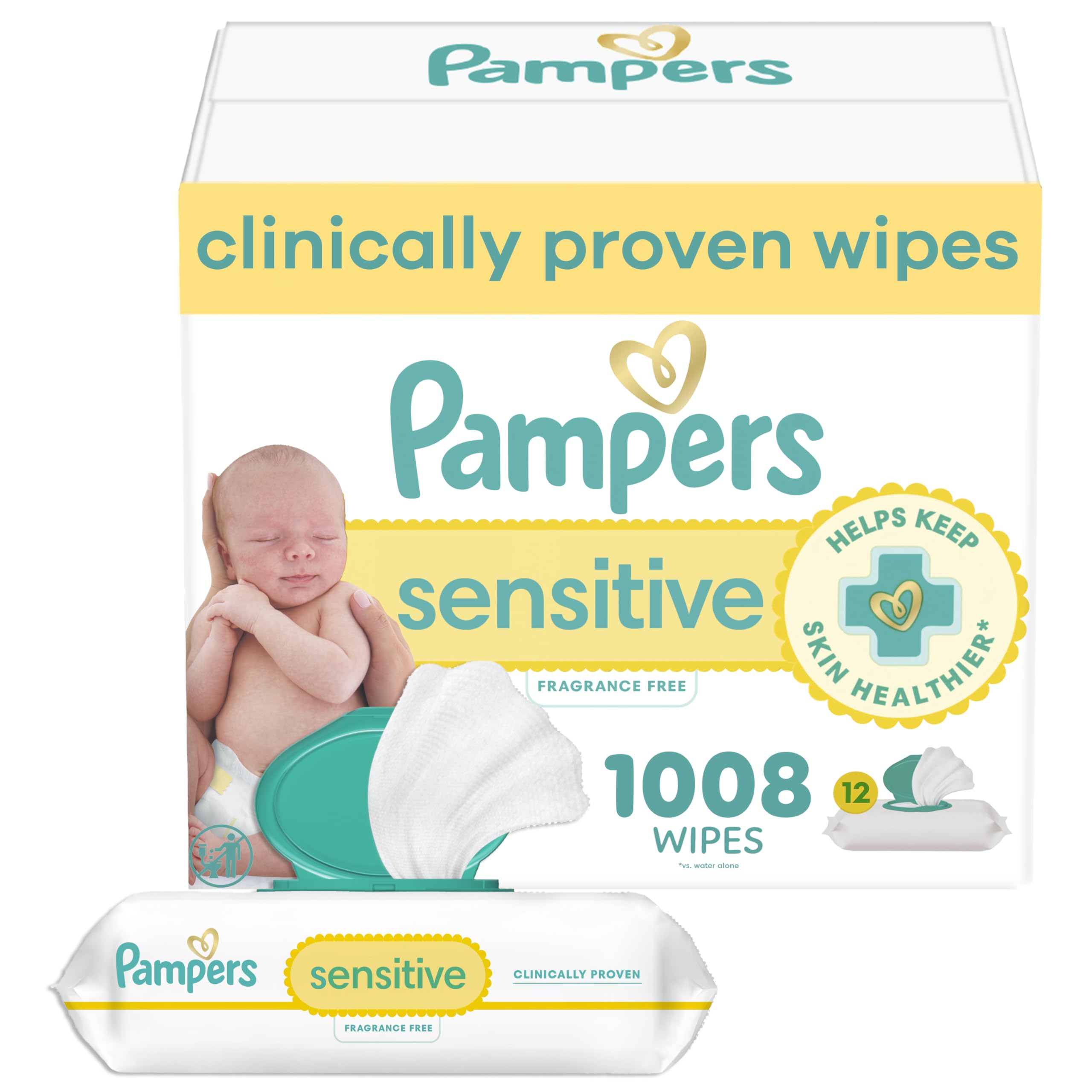 Pampers Sensitive Baby Wipes, Clinically Proven, Fragrance Free, Unscented, Water Based, Hypoallergenic, Multi-Use, Hand Wipes 504 Wipes Total (6X Flip-Top Packs) [Packaging May Vary]