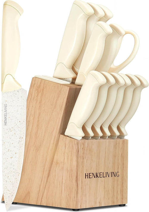 14-Piece Black Kitchen Knife Block Set with Built-In Sharpener | German high-carbon stainless steel blades, dishwasher safe, ultra-sharp edges, ergonomic non-slip handles