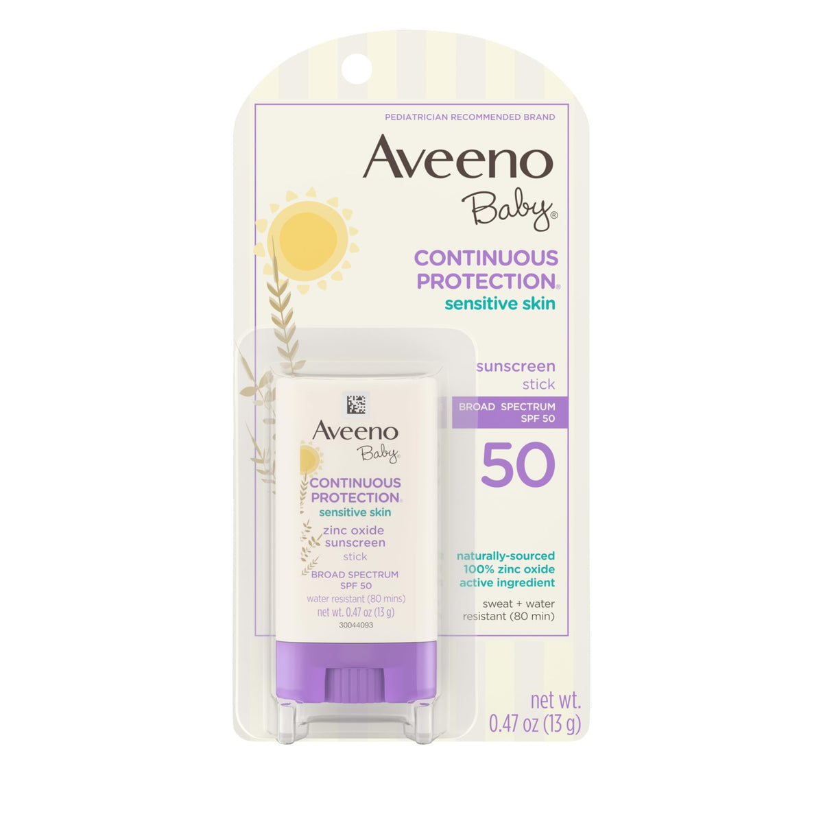 Aveeno Baby Continuous Protection Mineral Sunscreen Stick for Sensitive Skin with Broad Spectrum SPF 50 Protection for Face & Body, Naturally Sourced 100% Zinc Oxide, Travel Size, 0.47 oz
