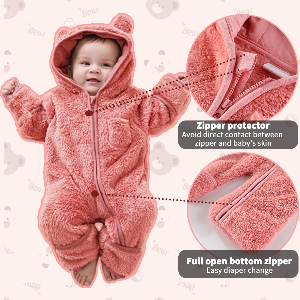 AiWMGL Newborn Baby Bear Outfit With Fold-Over Mittens and Footies Girls Boys Winter Fleece Clothes Hooded Romper Snowsuit