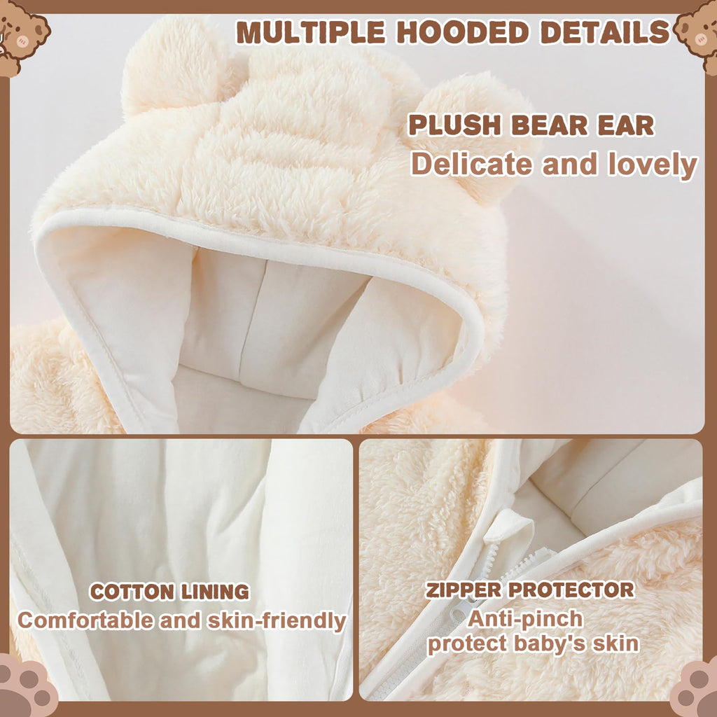 AiWMGL Newborn Baby Bear Outfit With Fold-Over Mittens and Footies Girls Boys Winter Fleece Clothes Hooded Romper Snowsuit